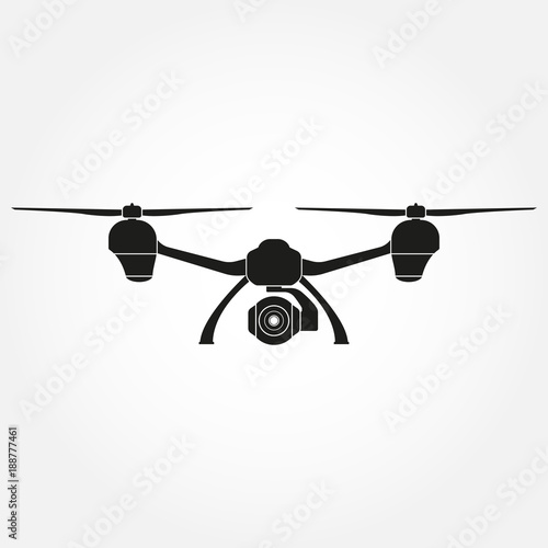 Drone icon. Quadcopter black silhouette with camera. Vector illustration.