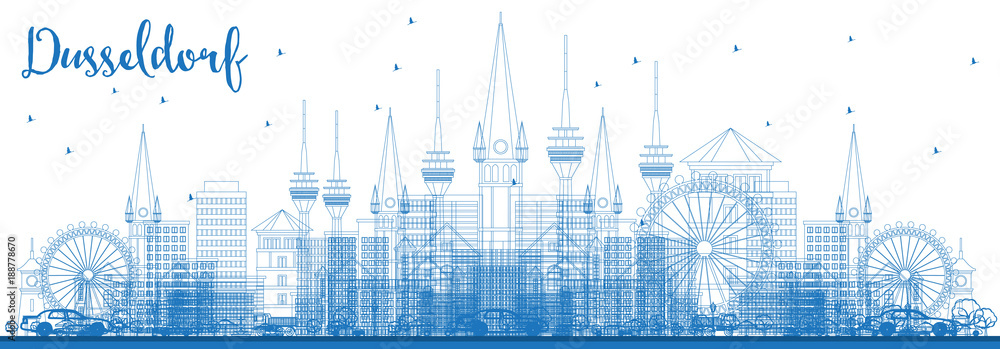 Outline Dusseldorf Germany Skyline with Blue Buildings.