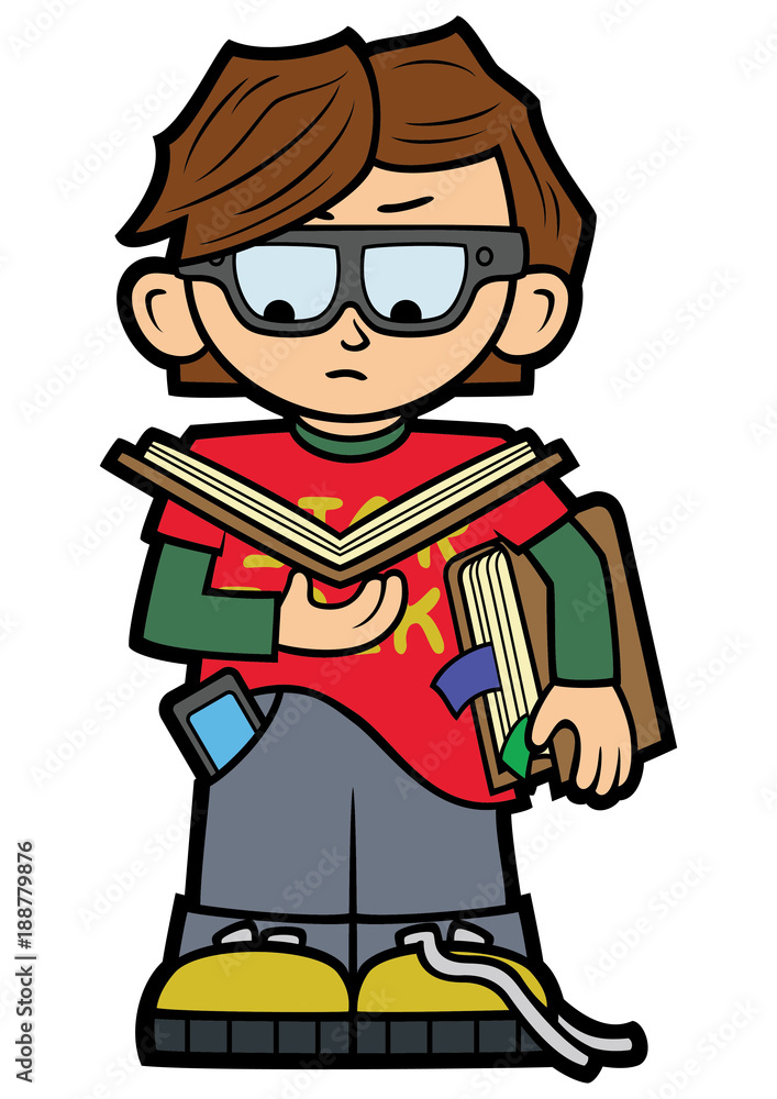 Funny nerd boy in a glasses with books/ Illustration a reading boy in a  flat cartoon style Stock Vector | Adobe Stock