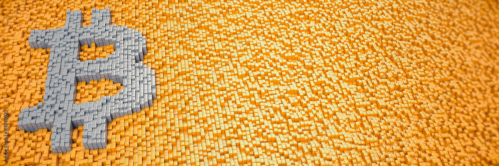 3d render - pixelated bitcoin symbol made from cubes - orange