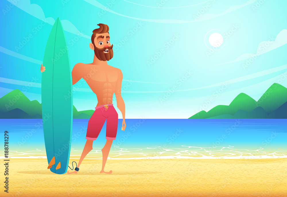 Surfer on tropical beach. Happy man standing sandy bay