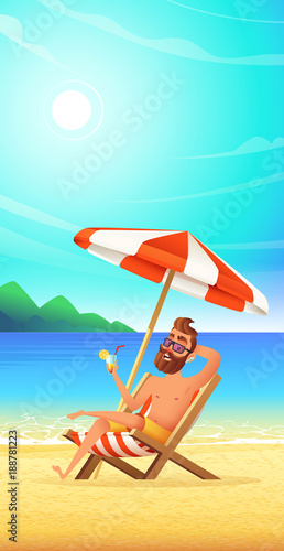 Beard man on vacation. Male sitting in beach chair or sunbed under umbrella and taking sunbath on the beach seacoast. Concept illustration