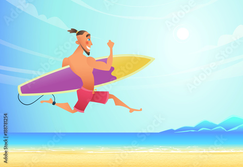 Happy smiling Surfer running on the beach to the sea. He saw a big wave and was in a hurry © Vector_Vision