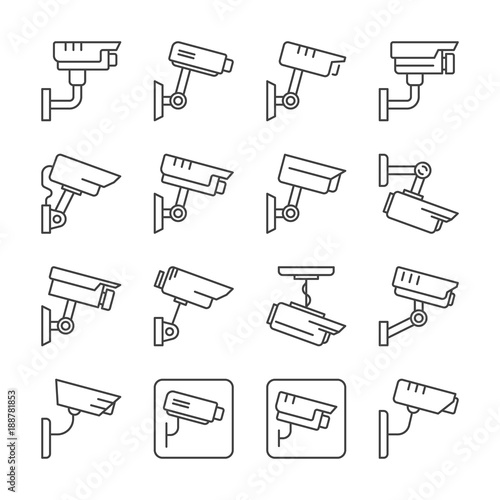 CCTV camera linear icons vector set