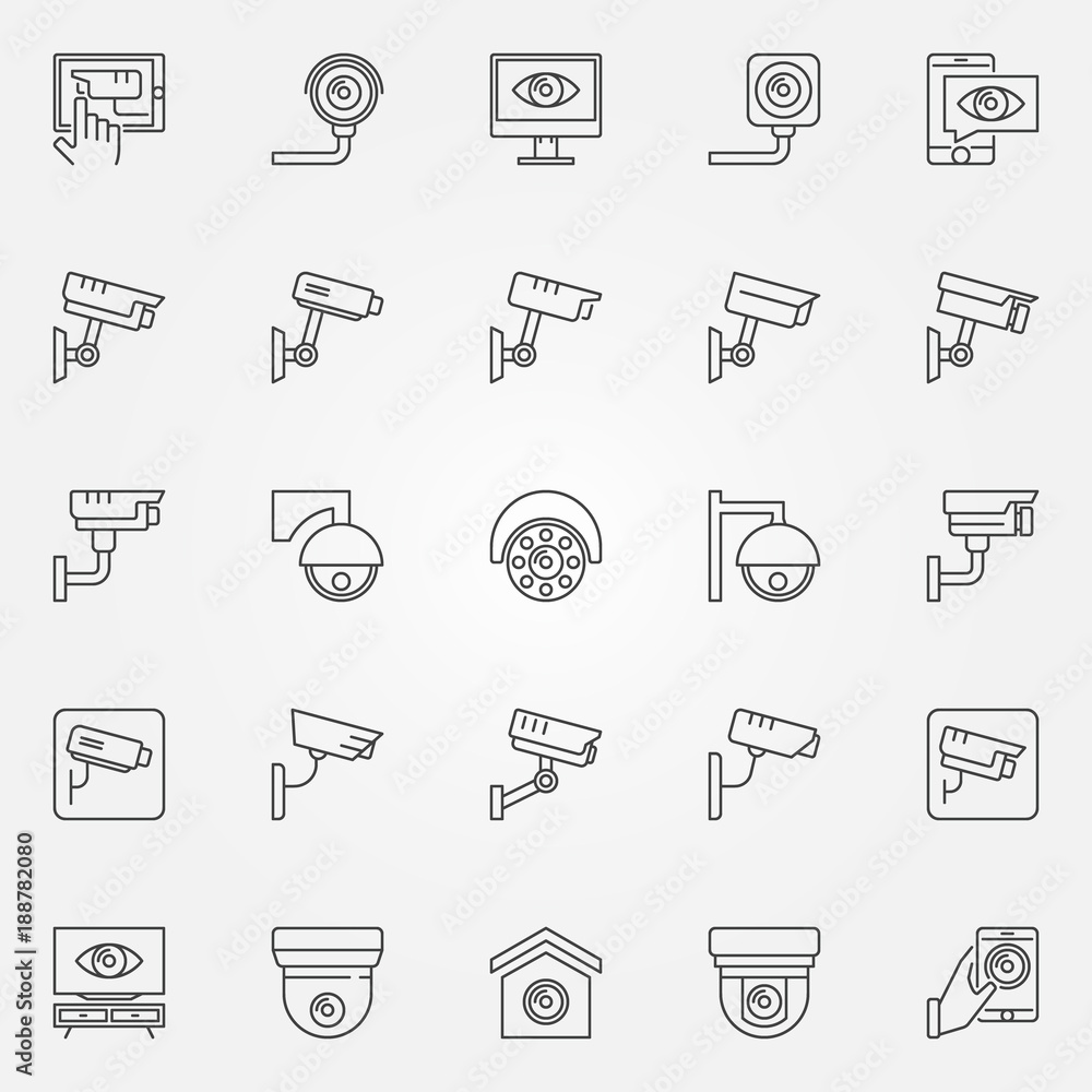 CCTV icons set vector camera concept line symbols Stock Vector