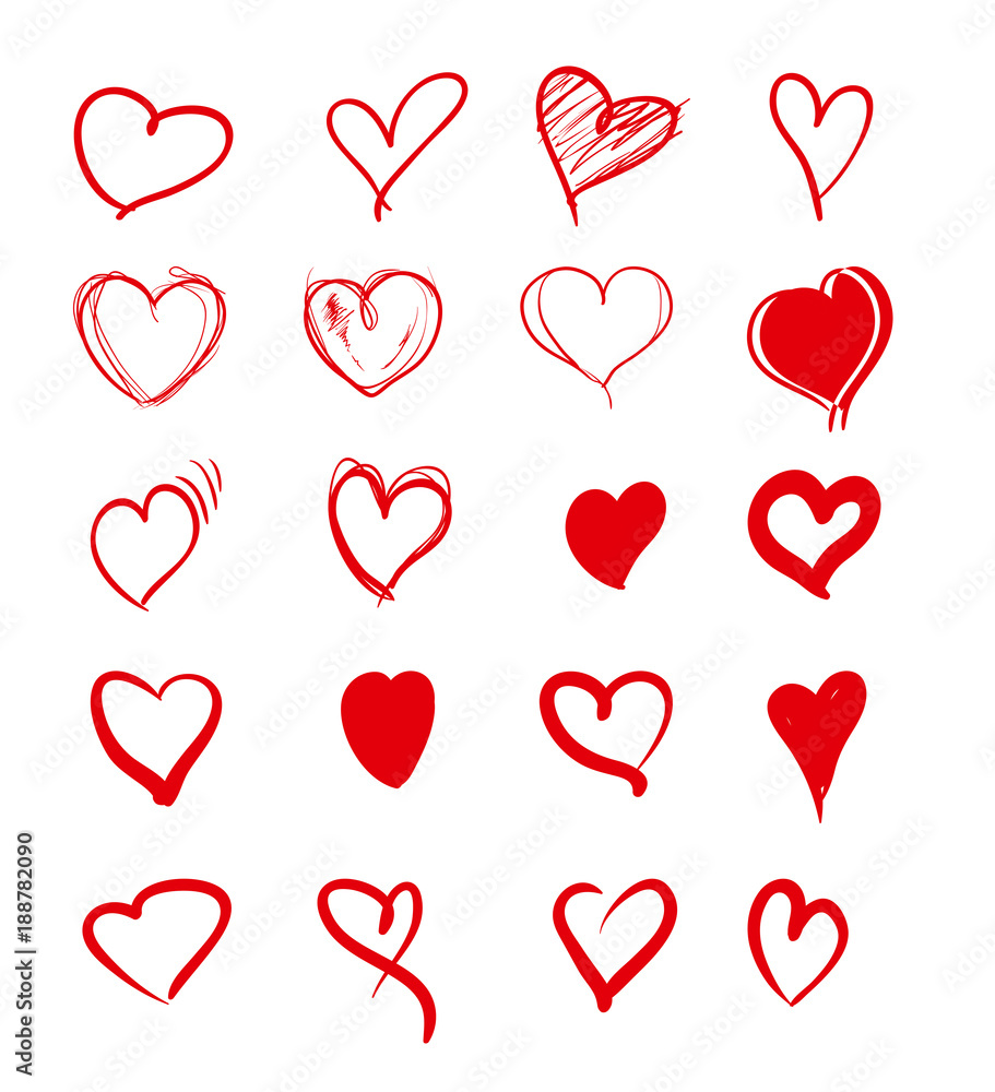 Set of red grunge hearts. Vector heart shapes