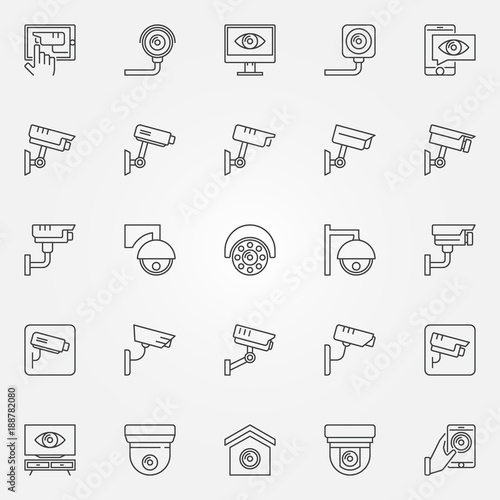 CCTV icons set - vector camera concept line symbols
