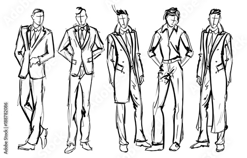 Fashion man. Set of fashionable men's sketches on a white background. Spring men.