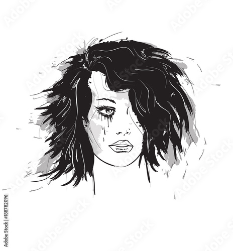 Crying woman face. Sad brunette with a tear running down her cheek. Vector illustration in grunge style.