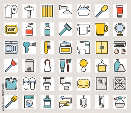 Outline filled color Bathroom icon sets, size 128*128 px, pixel perfect