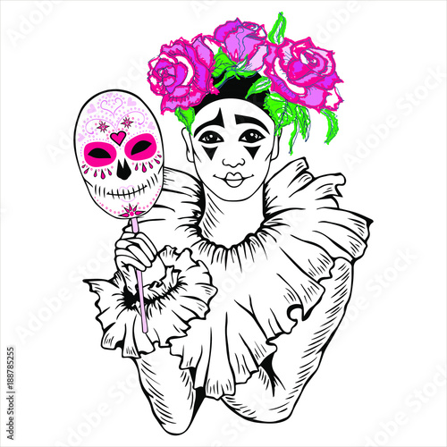 Fototapeta Naklejka Na Ścianę i Meble -  Hand drawn Pierrot with sugar skull mask and pink roses. Vector. Isolated on white background. Can be used for carnival, Dia de Los Muertos, Day of the Dead or Halloween, card, invitation, etc.