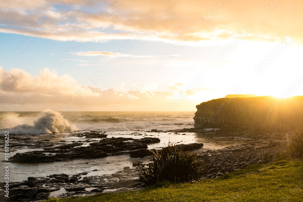 New Zealand Curio Bay south island rough coastline shore with waves and cliffs at sunset