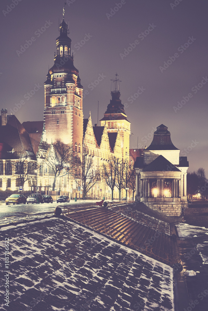 Fototapeta Szczecin (Stettin) City at night, vintage stonowanych obraz, Polska.