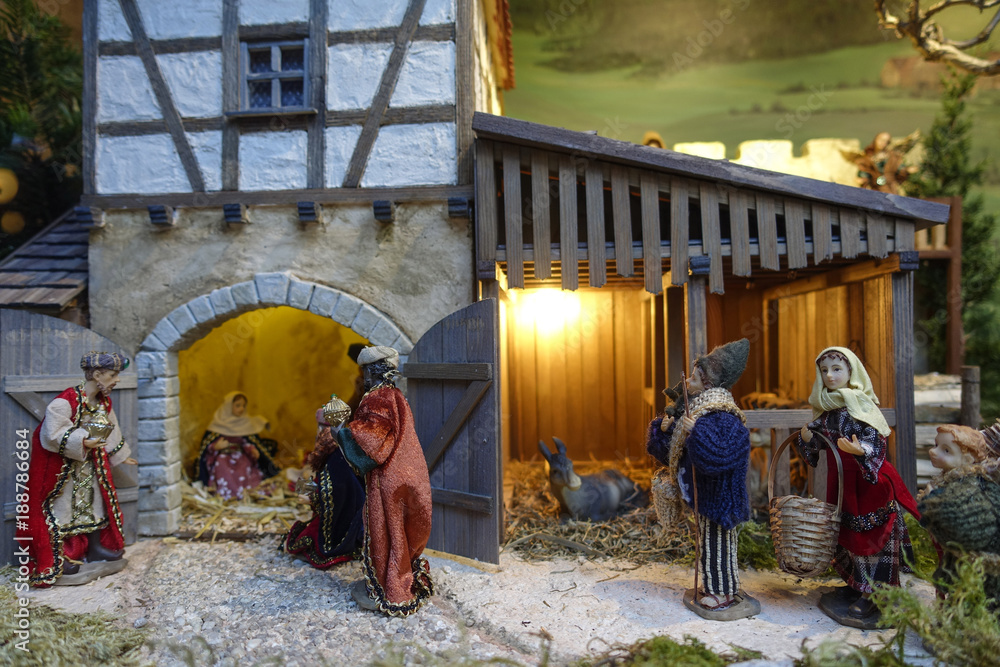 Nativity figures, Christmas market, Nuremberg, Middle Franconia, Bavaria, Germany, Europe