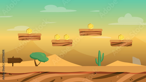 Cartoon desert game background with coins and levels