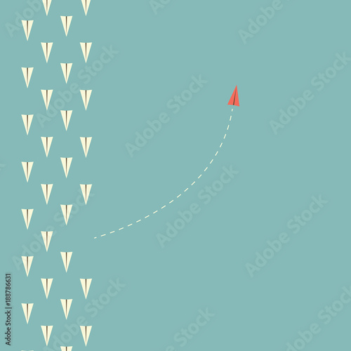 Minimalist stile red airplane changing direction and white ones. New idea, change, trend, courage, creative solution,business, innovation and unique way concept.