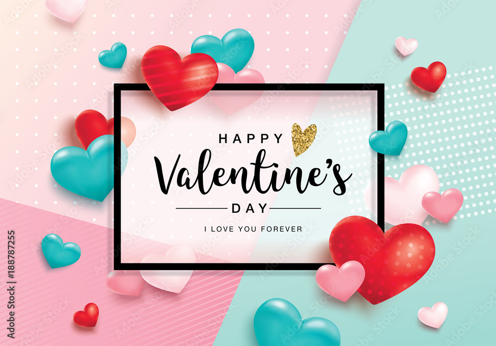Happy Valentine's Day poster with 3D hearts