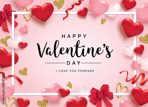 Happy Valentine's Day poster with 3D hearts, roses and ribbons