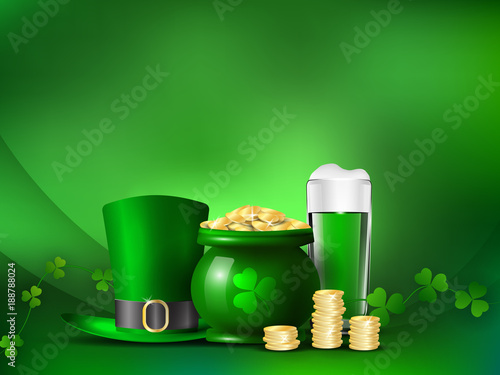 St. Patrick's Day. Holiday symbols a pot with money and a green hat
