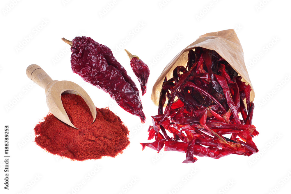 Fototapeta premium red pepper ground, dry red hot chili peppers on an isolated white background