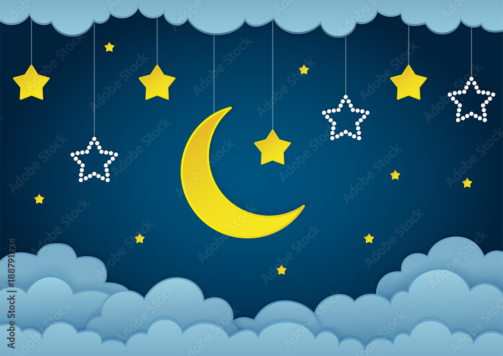 Half moon, stars and clouds on the dark night sky background. Paper art. Garland with stars. Vector Illustration. Half moon, stars and clouds on the dark night sky background. Paper art. Garland with stars. Vector Illustration.