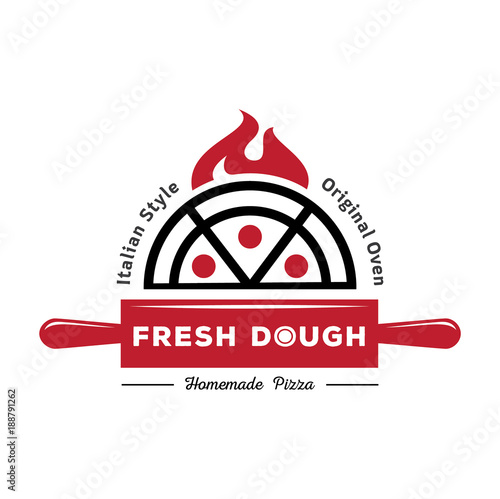 fresh dough pizza logo with red rolling pin