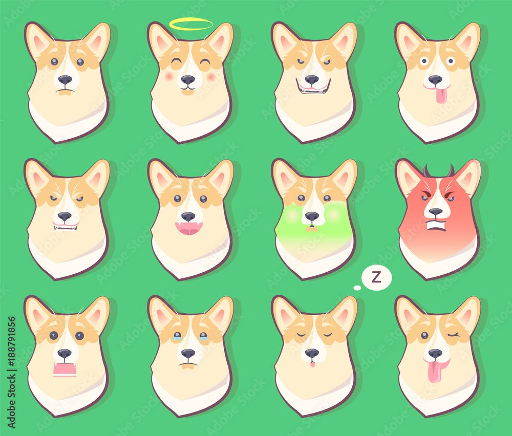 Set of Dogs Emotions, Cute Puppy Symbol Year 2018