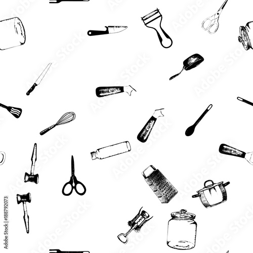 Cooking utensils and kitchen tools - seamless background doodle vector.