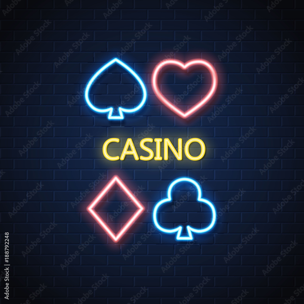 Vector neon casino poker card suit sign brick wall