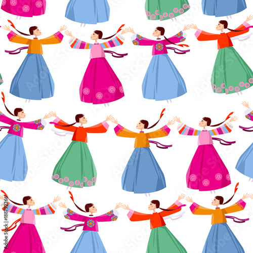 Women in traditional Korean dress go around in circle holding hands. The Ganggangsullae folk dance. Seamless background pattern.