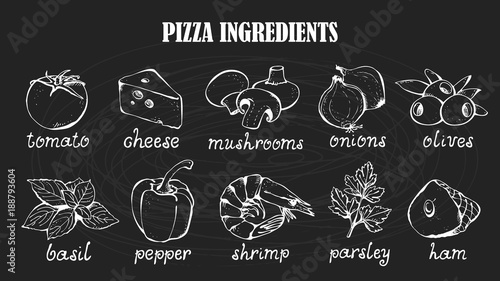 Pizza ingredients vector set, hand drawn food collection, chalkboard background