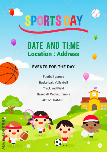 Sports Day Poster Vector illustration. Kids playing sports in spring field