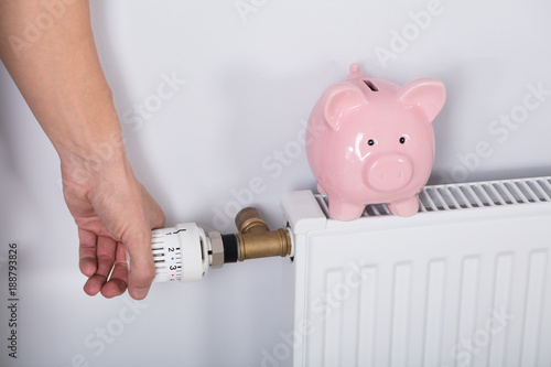 Man's Hand Adjusting Thermostat With Piggy Bank