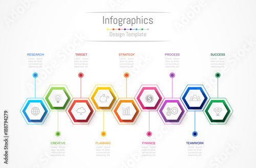 Infographic design elements for your business data with 9 options, parts, steps, timelines or processes. Vector Illustration.