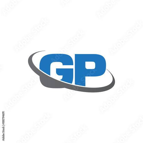 Initial letter GP, overlapping swoosh ring logo, blue gray color