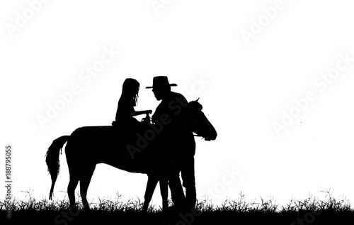  silhouette cowboy and girl riding a horse on white background. © rathchapon