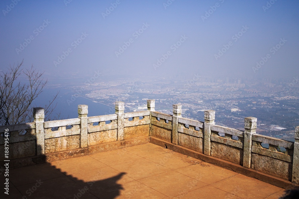 View of Kunming's Dianchi Lake from a balcony of mountain's Pavilion - Temple panorama (Kunming, Yunnan, China)
