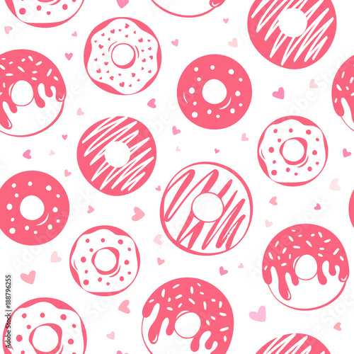 Seamless pattern of pink glazed donuts and little hearts on white