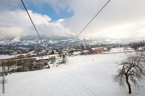 Mountain ski resort cableway, ski lift, in winter
