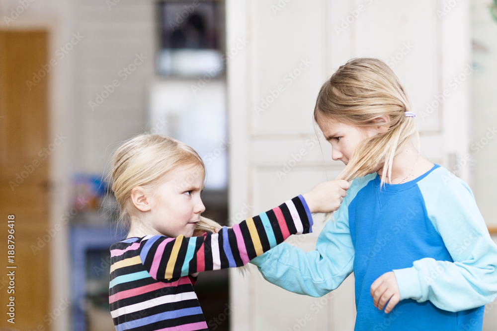 Two young blonde girls pulling hair of each other Stock Photo | Adobe Stock