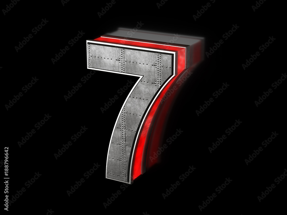 Futuristic number 7 - black metallic extruded symbol with red light outline glowing in the dark Futuristic number 7 - black metallic extruded symbol with red light outline glowing in the dark
