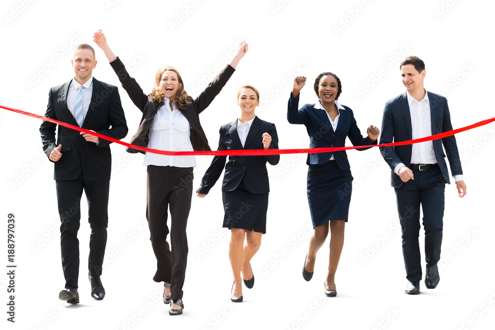 Businesspeople Running Towards Red Ribbon Businesspeople Running Towards Red Ribbon