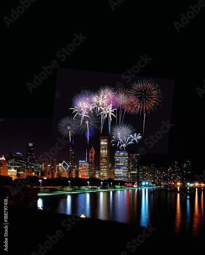 Chicago night skyline with fireworks, Usa.