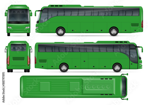 Green bus vector mock up for advertising, corporate identity. Isolated template of coach bus on white background. Vehicle branding mockup. Easy to edit and recolor. View from side, front, back, top.