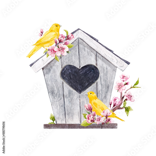 Watercolor vector birdhouse with birds