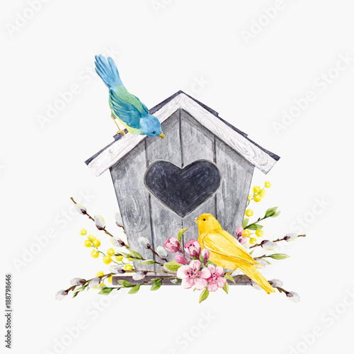Photographie Watercolor vector birdhouse with birds