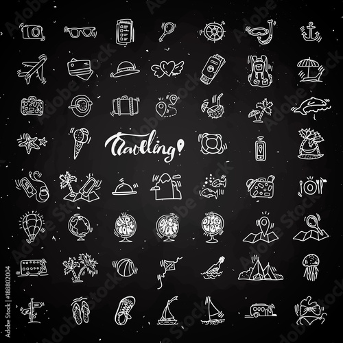 Travel hand draw chalk icons. Icon lined cartoon collection about adventure, outdoor activities, beach, summer, travelling, get a vacation and extremal sport. Traveling icon set on black board