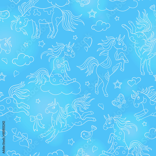 Seamless pattern with funny cartoon unicorns  hearts and stars white contour icons on blue  background