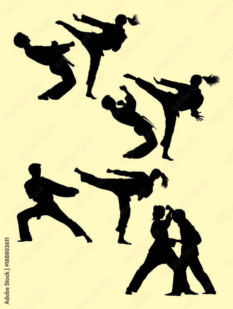 Silhouette of couple exercising karate martial art 03. Good use for symbol, logo, web icon, mascot, sign, or any design you want.