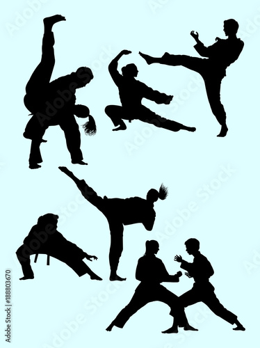 Silhouette of couple exercising karate martial art 02. Good use for symbol, logo, web icon, mascot, sign, or any design you want.